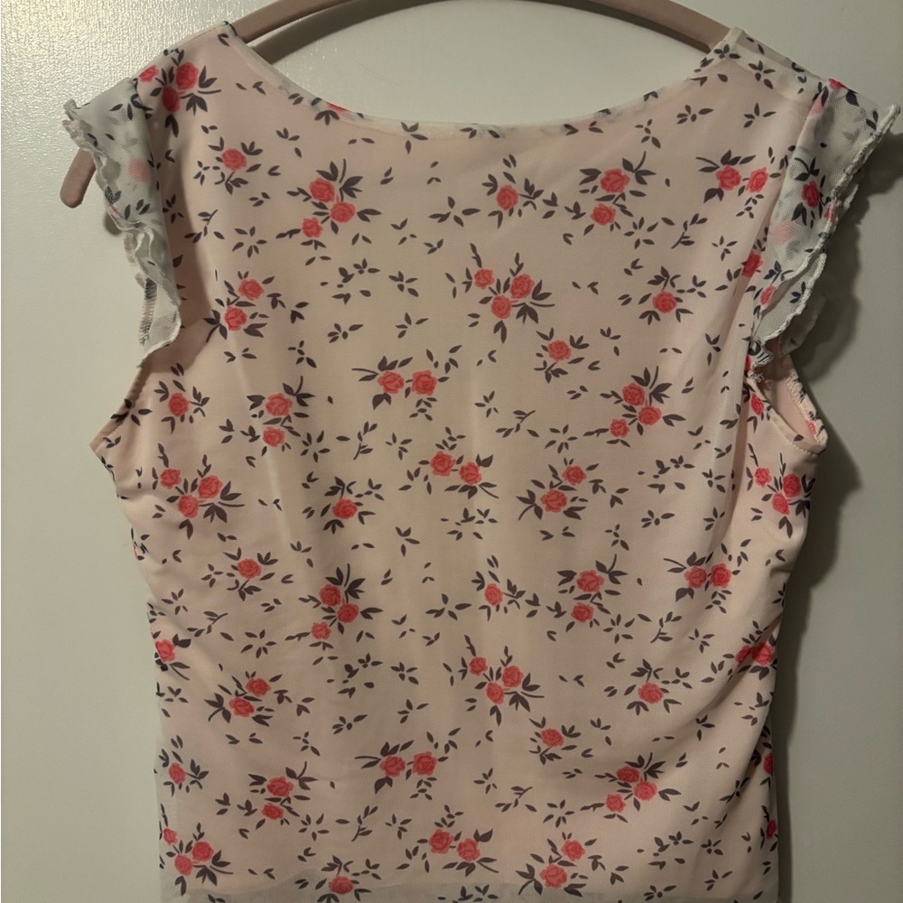 Cottagecore Feminine Festival Rave Light Pink Floral Tie-Front Blouse - Picture 3 of 5